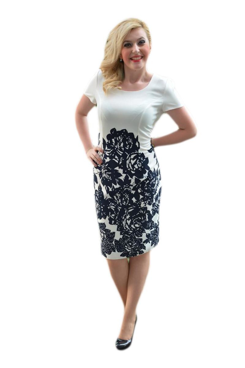 Rochie de zi, cu maneca scurta si imprimeu mare,D&J Exclusive, Alb-bleumarin