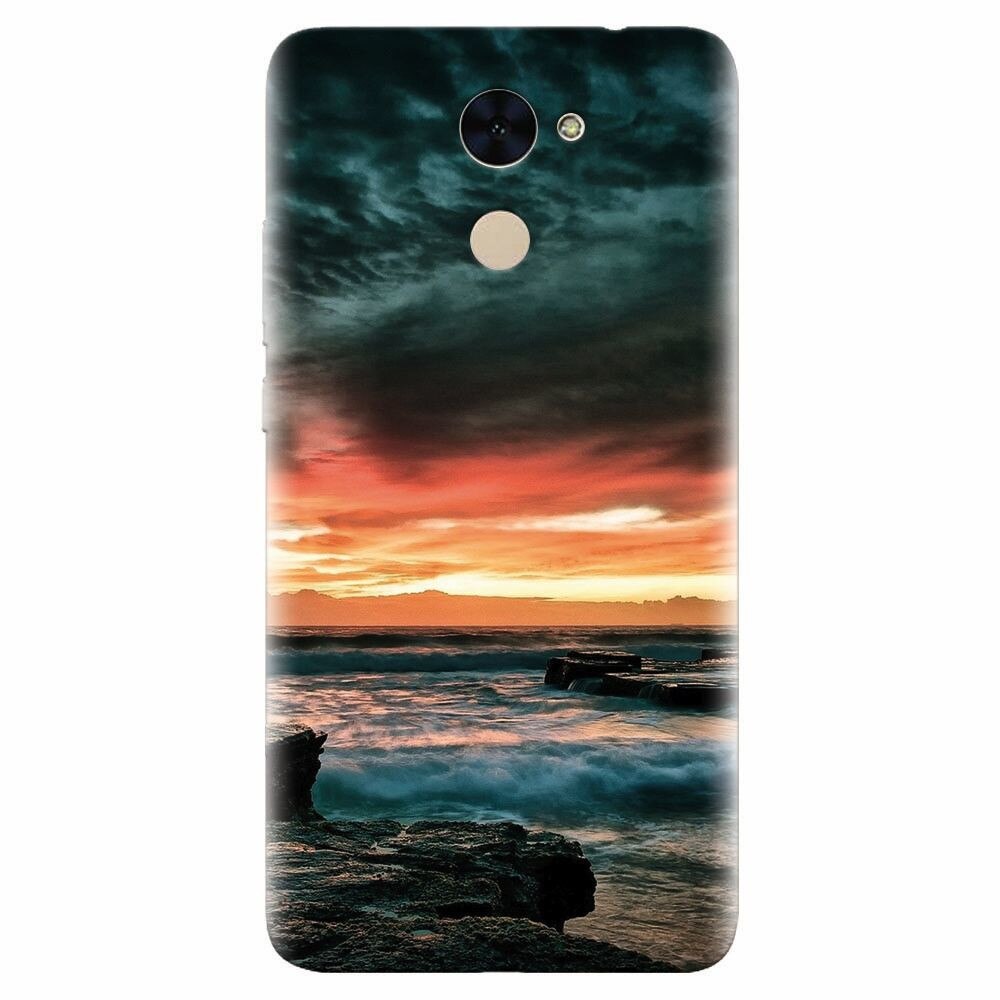 Husa silicon pentru Huawei Nova Lite Plus, Dramatic Rocky Beach Shore Sunset