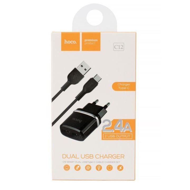 Hálózati töltő HOCO Premium C12 készlet - 2,4A / 2x USB + Type-C USB kábel
