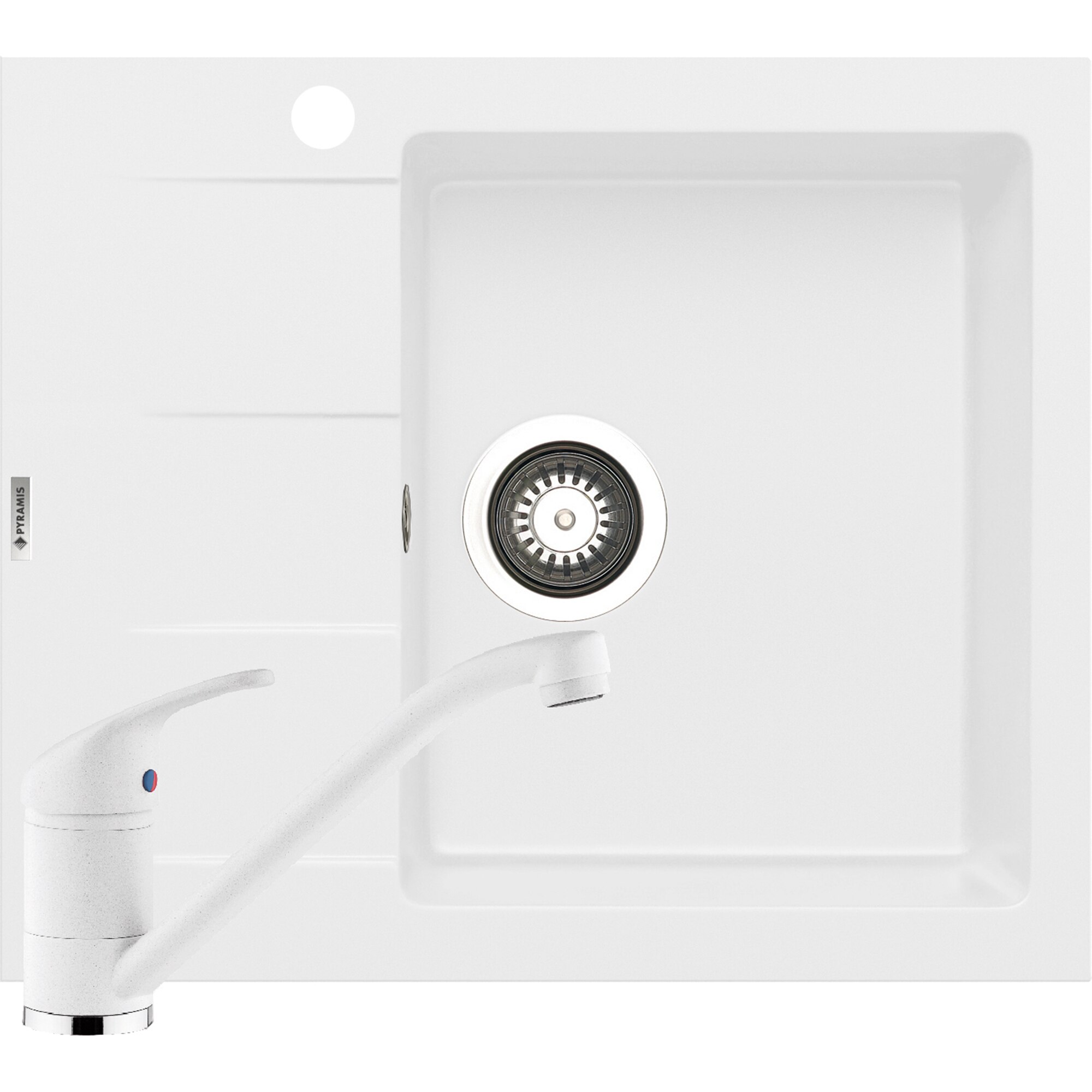 Pachet chiuveta pyragranite + Baterie Pyramis Premium Piera, 1B 1D DR, 590x500mm, adancime 190mm, Snow