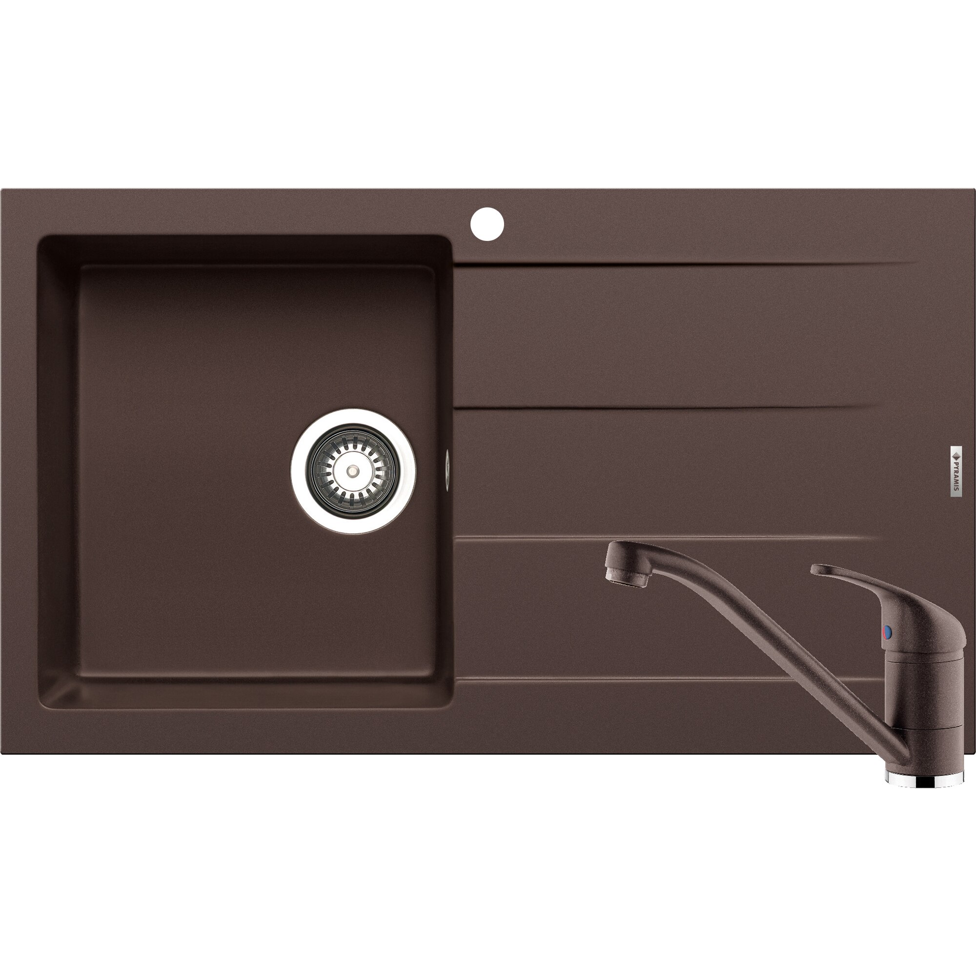 Pachet chiuveta pyragranite + Baterie Pyramis Premium Piera, 1B 1D ST, 860x500mm, adancime 190mm, Chocolate