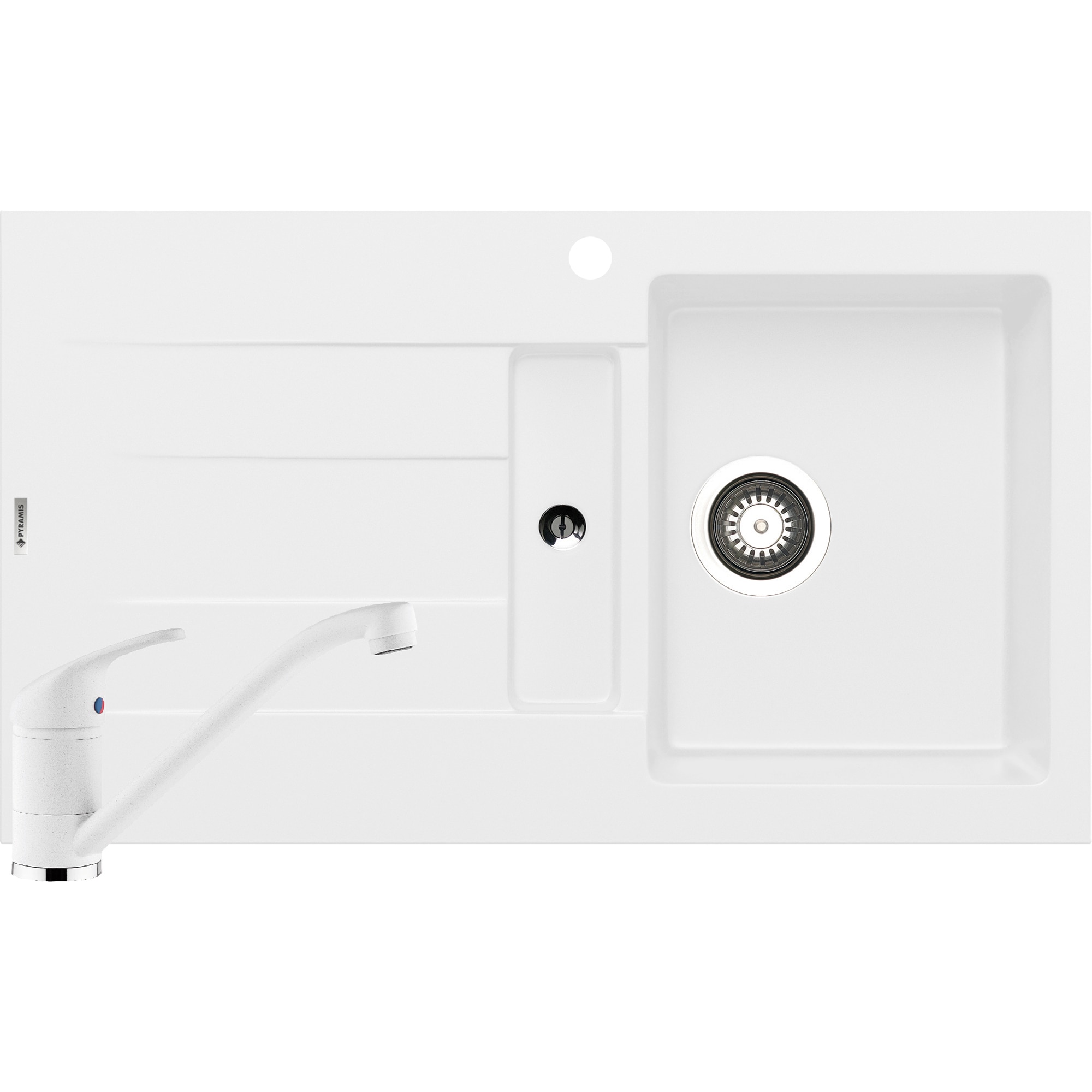 Pachet chiuveta pyragranite + Baterie Pyramis Premium Piera, 1 1/4B 1D DR, 860x500mm, adancime 66-186mm, Snow