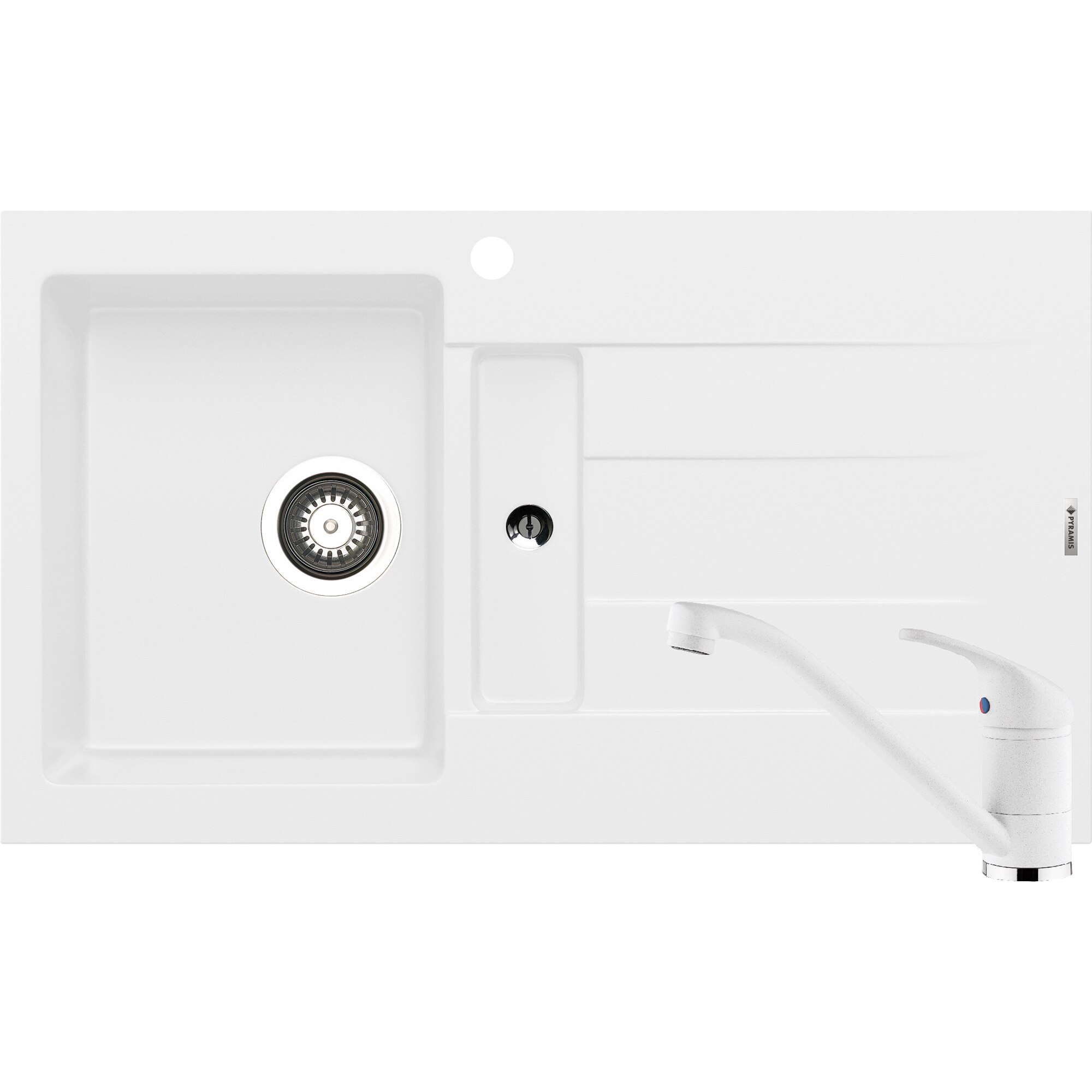 Pachet chiuveta pyragranite + Baterie Pyramis Premium Piera, 1 1/4B 1D ST, 860x500mm, adancime 66-186mm, Snow