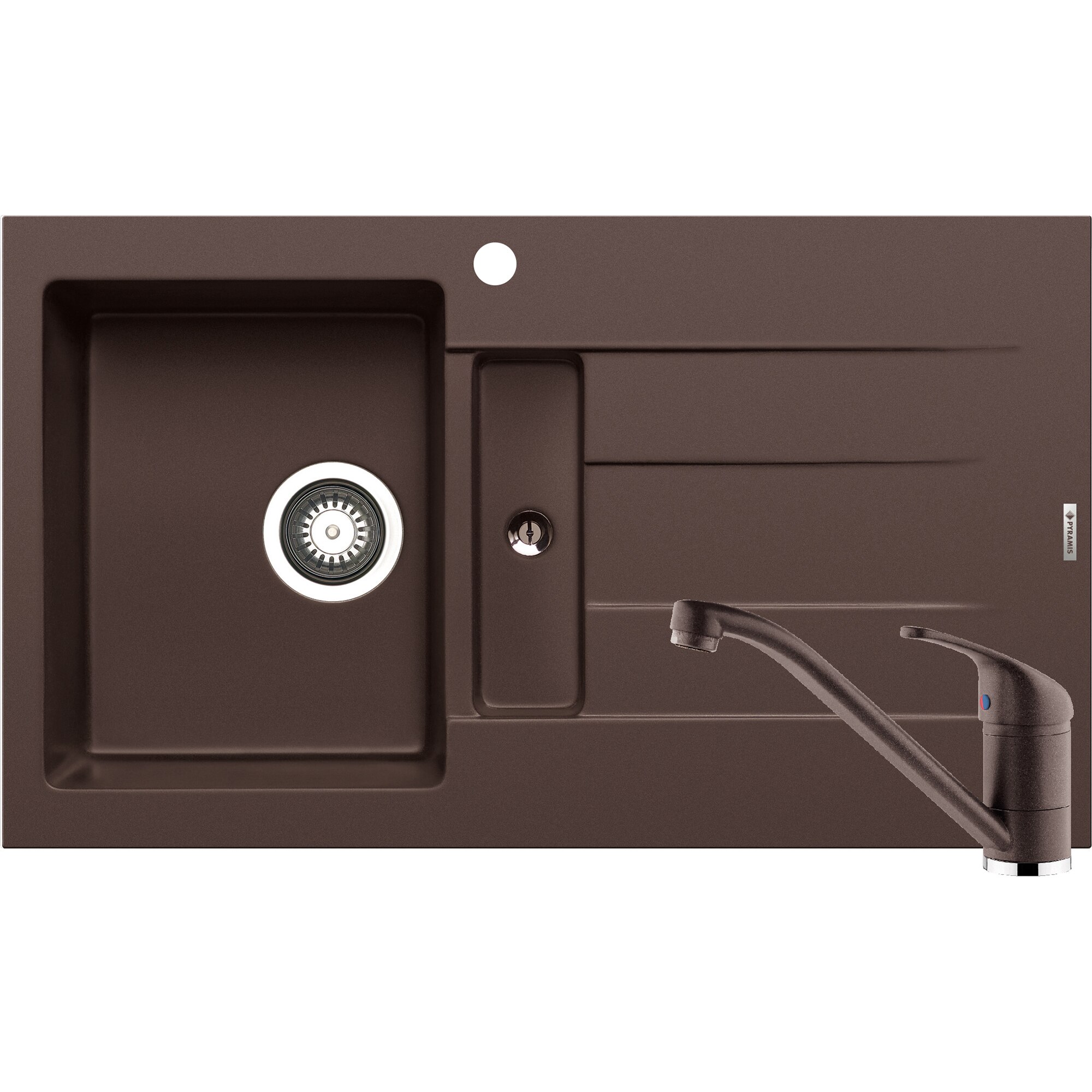 Pachet chiuveta pyragranite + Baterie Pyramis Premium Piera, 1 1/4B 1D ST, 860x500mm, adancime 66-186mm, Chocolate