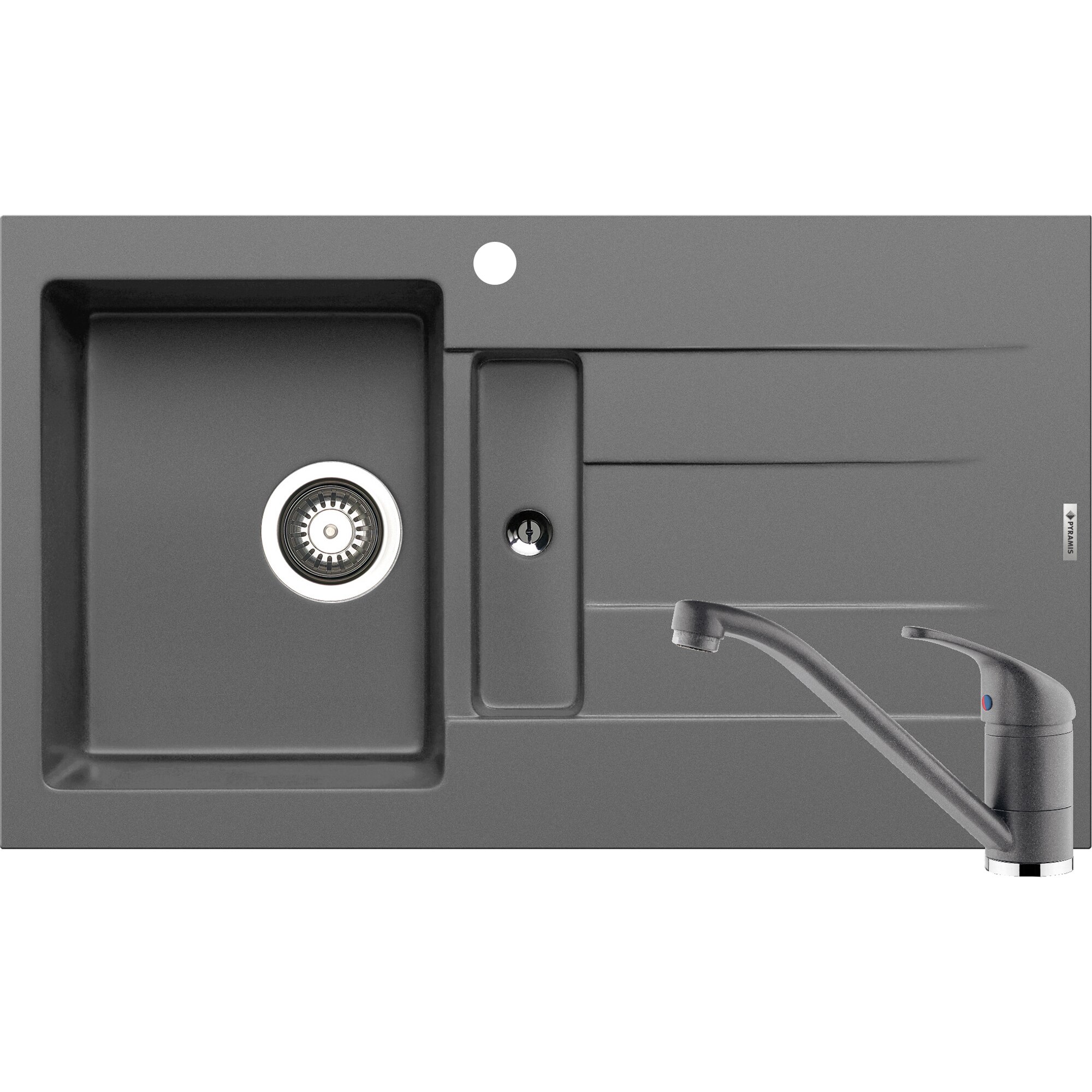 Pachet chiuveta pyragranite + Baterie Pyramis Premium Piera, 1 1/4B 1D ST, 860x500mm, adancime 66-186mm, Iron Grey