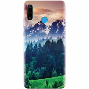 Husa silicon pentru Huawei P30 Lite, Forest Hills Snowy Mountains And Sunset Clouds Husa silicon pentru Huawei P30 Lite, Forest Hills Snowy Mountains And Sunset Clouds