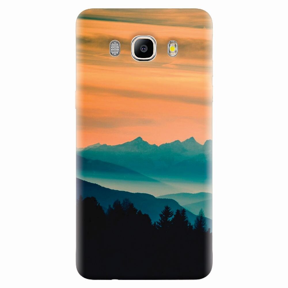 Husa silicon pentru Samsung Galaxy J7 2016, Blue Mountains Orange Clouds Sunset Landscape