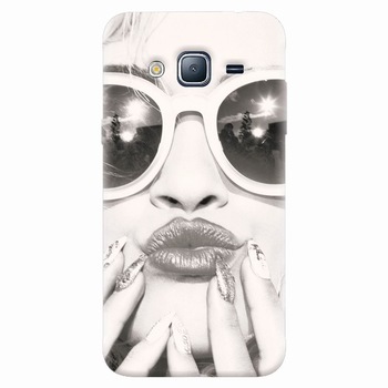 Husa silicon pentru Samsung Galaxy J7 2015, Black And White Portrait Blonde Model In Fashion Sunglasses Husa silicon pentru Samsung Galaxy J7 2015, Black And White Portrait Blonde Model In Fashion Sunglasses