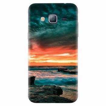 Husa silicon pentru Samsung Galaxy J7 2015, Dramatic Rocky Beach Shore Sunset Husa silicon pentru Samsung Galaxy J7 2015, Dramatic Rocky Beach Shore Sunset