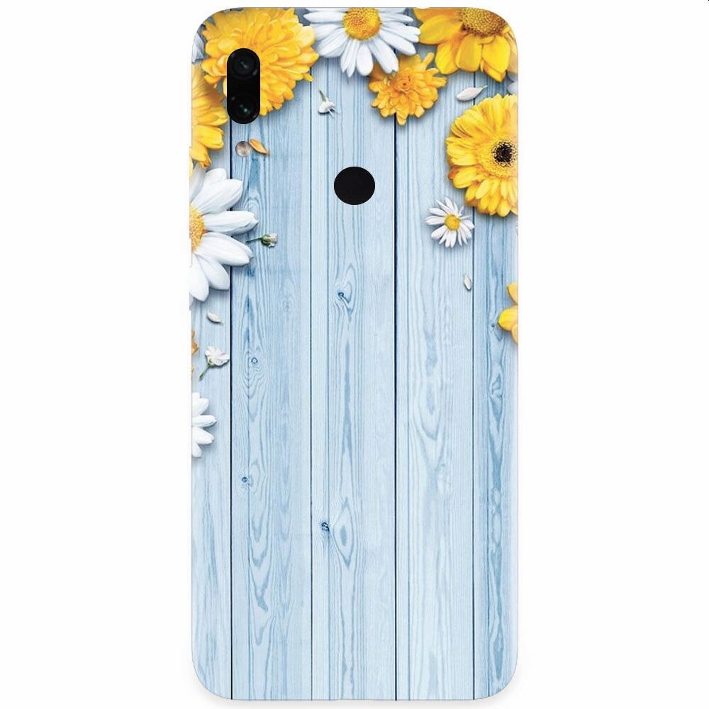 Husa silicon pentru Xiaomi Redmi Note 7, Sunflower On Blue Wood