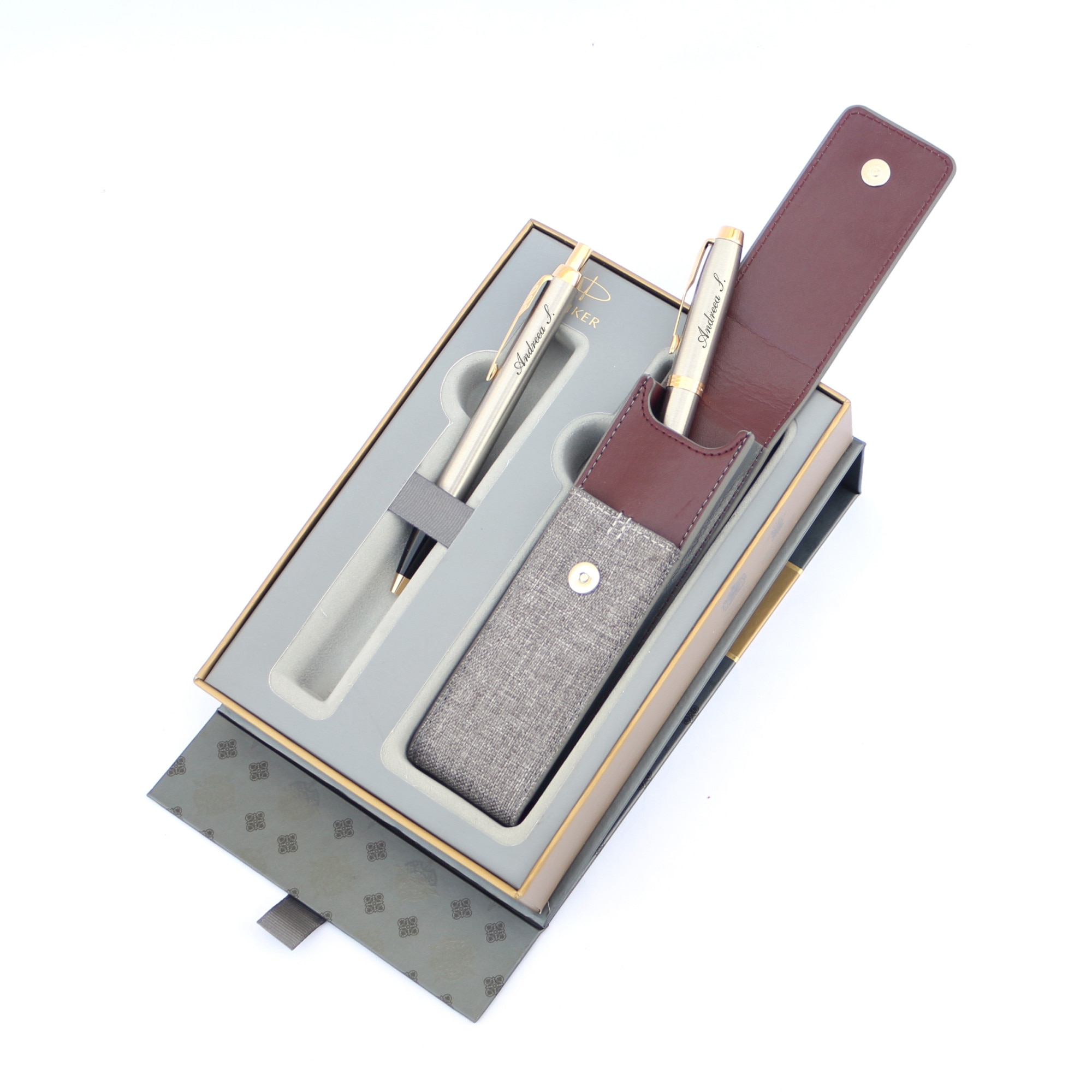 Set stilou personalizat si pix personalizat Parker IM Royal si etui personalizat