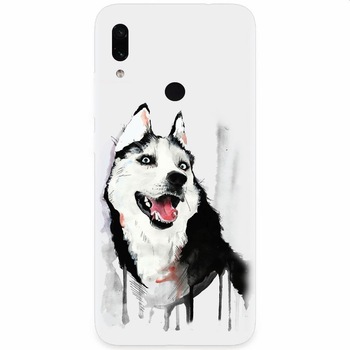 Husa silicon pentru Xiaomi Redmi Note 7, Husky Dog Watercolor Illustration Husa silicon pentru Xiaomi Redmi Note 7, Husky Dog Watercolor Illustration