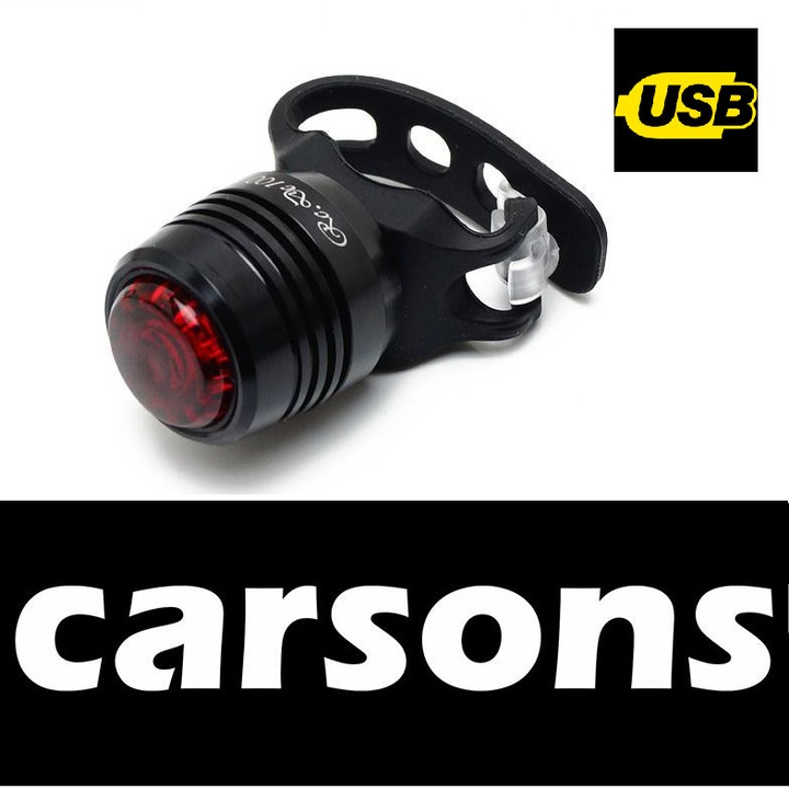 Stop Carsons ruby, reincarcabil USB, 3 moduri luminare, aluminiu aliaj, negru