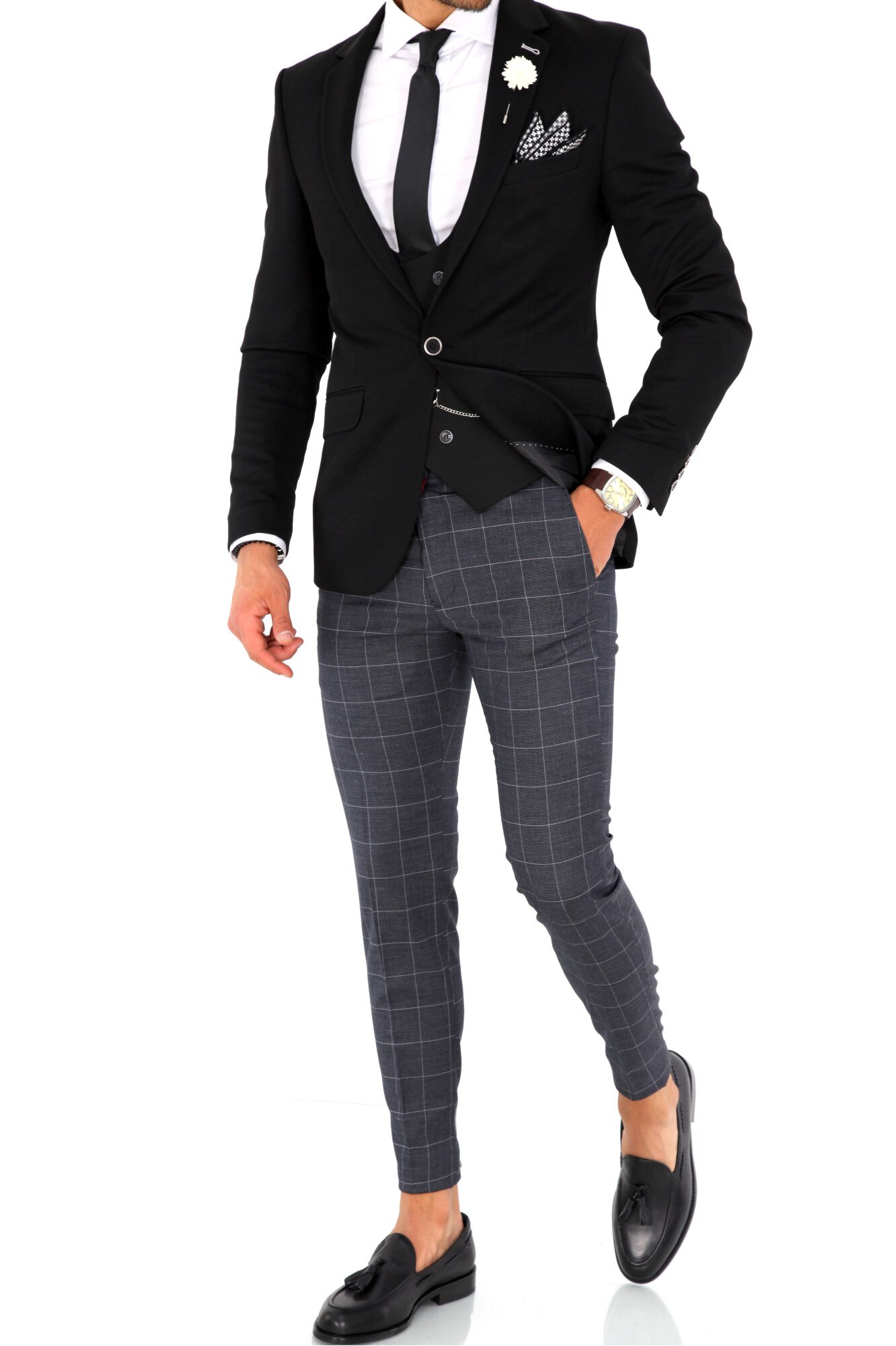 Continental Luster construction Costum Premium, pentru barbati, slim fit, elegant, negru cu pantaloni gri  in carouri, 54 - eMAG.ro