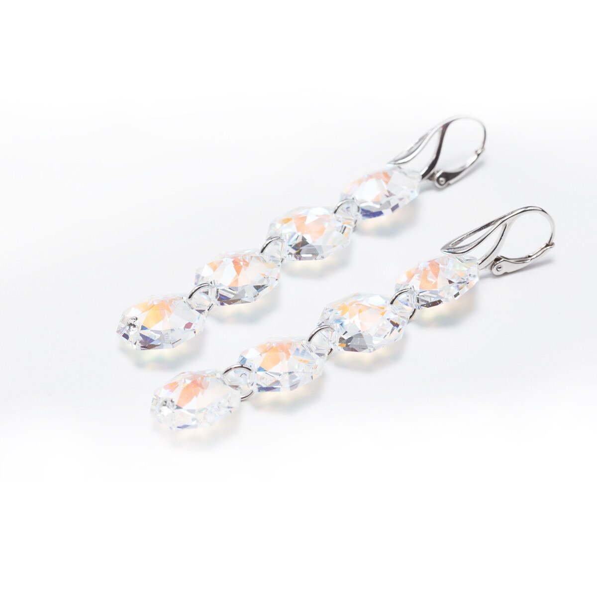 Cercei Argint cu cristale Swarovski DaviCrystals octogon cu leverback agatator cu patru cristale aurore boreale