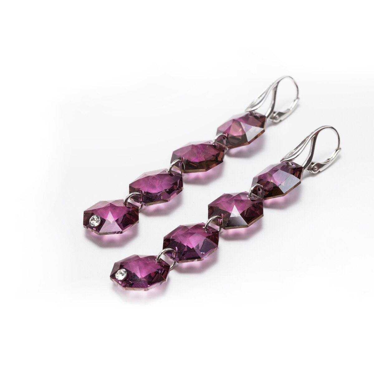 Cercei Argint cu cristale Swarovski DaviCrystals octogon cu leverback agatator cu patru cristale amethist