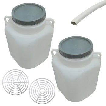 Pachet 2 bucati - Butoi 20L patrat din plastic alimentar, Bidon cu capac prin infiletare si manere + 2 x Presa rotunda pentru butoi 28cm + Teava pentru suflat / pitrocit Pachet 2 bucati - Butoi 20L patrat din plastic alimentar, Bidon cu capac prin infiletare si manere + 2 x Presa rotunda pentru butoi 28cm + Teava pentru suflat / pitrocit