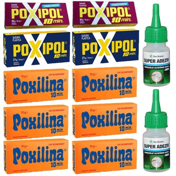 Pachet - 6 x Poxilina adeziv universal 10 minute, 70g + 2 x Den Braven super adeziv, 20g + 2 x Poxipol gri, 14ml + 2 x Poxipol transparent, 14ml Pachet - 6 x Poxilina adeziv universal 10 minute, 70g + 2 x Den Braven super adeziv, 20g + 2 x Poxipol gri, 14ml + 2 x Poxipol transparent, 14ml
