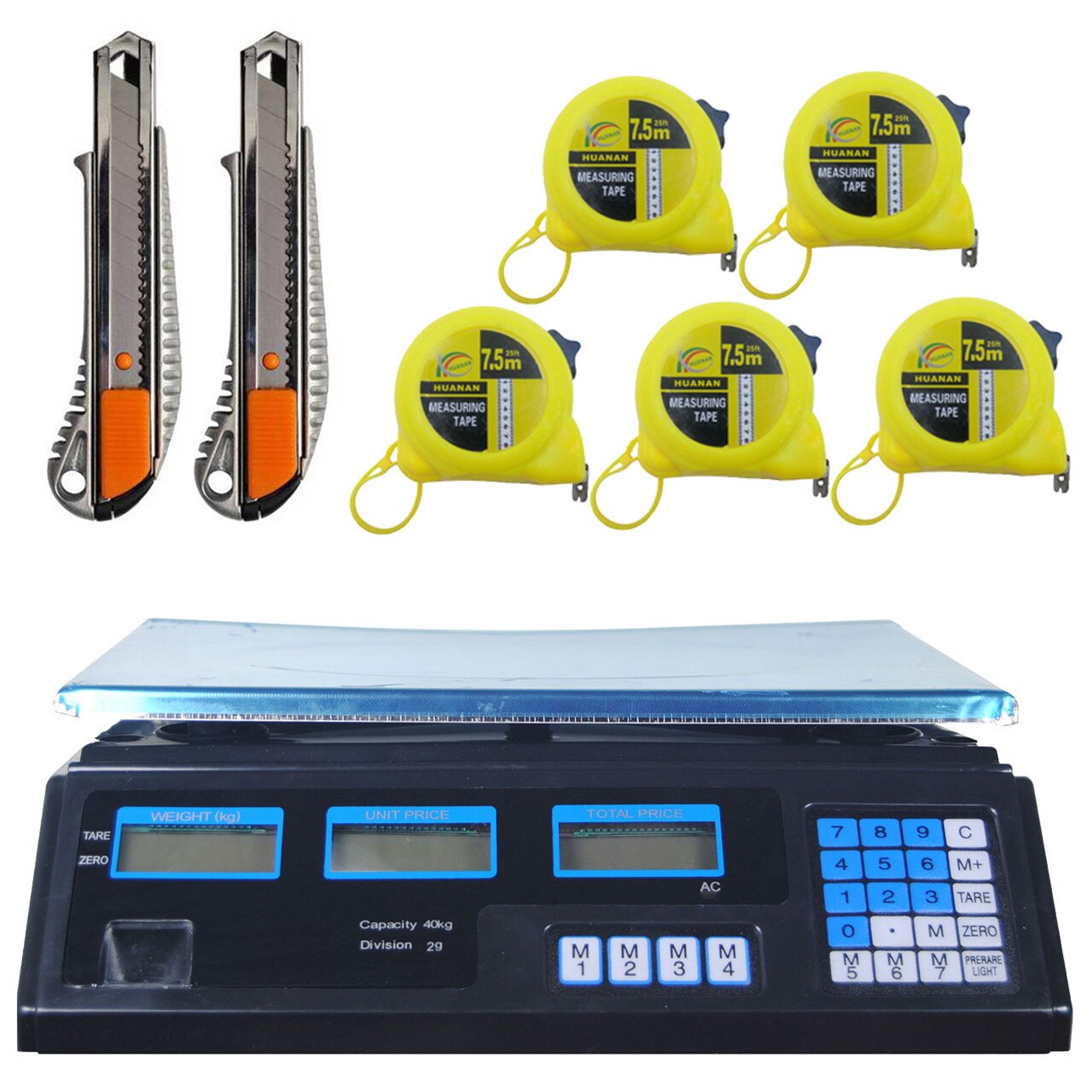 Pachet - 5 x Ruleta galbena HUANAN, 7.5M + 2 x Cutter metalic + Cantar electronic, 40Kg