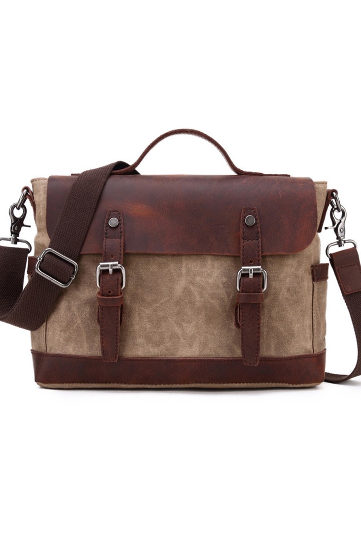 Geanta de umar barbateasca URBAN BAG Goteborg Khaki din piele naturala si material textil impermeabil pentru barbati