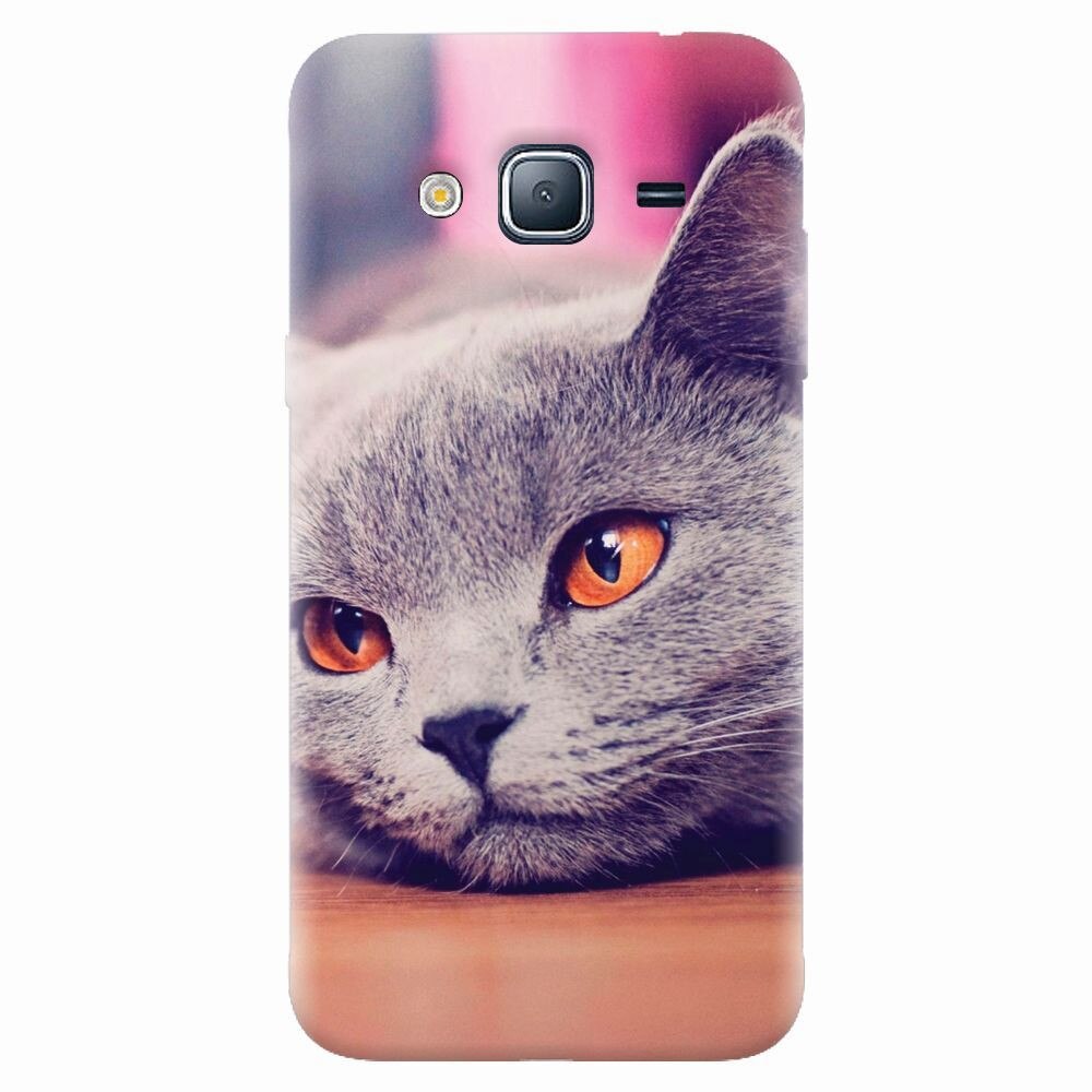 Husa silicon pentru Samsung Galaxy J7 2015, British Shorthair Cat Yellow Eyes Portrait