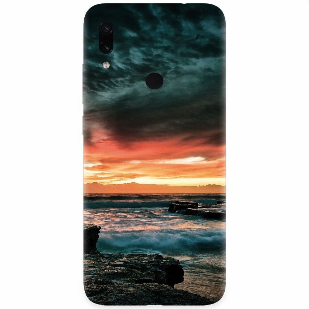 Husa silicon pentru Xiaomi Redmi Note 7, Dramatic Rocky Beach Shore Sunset