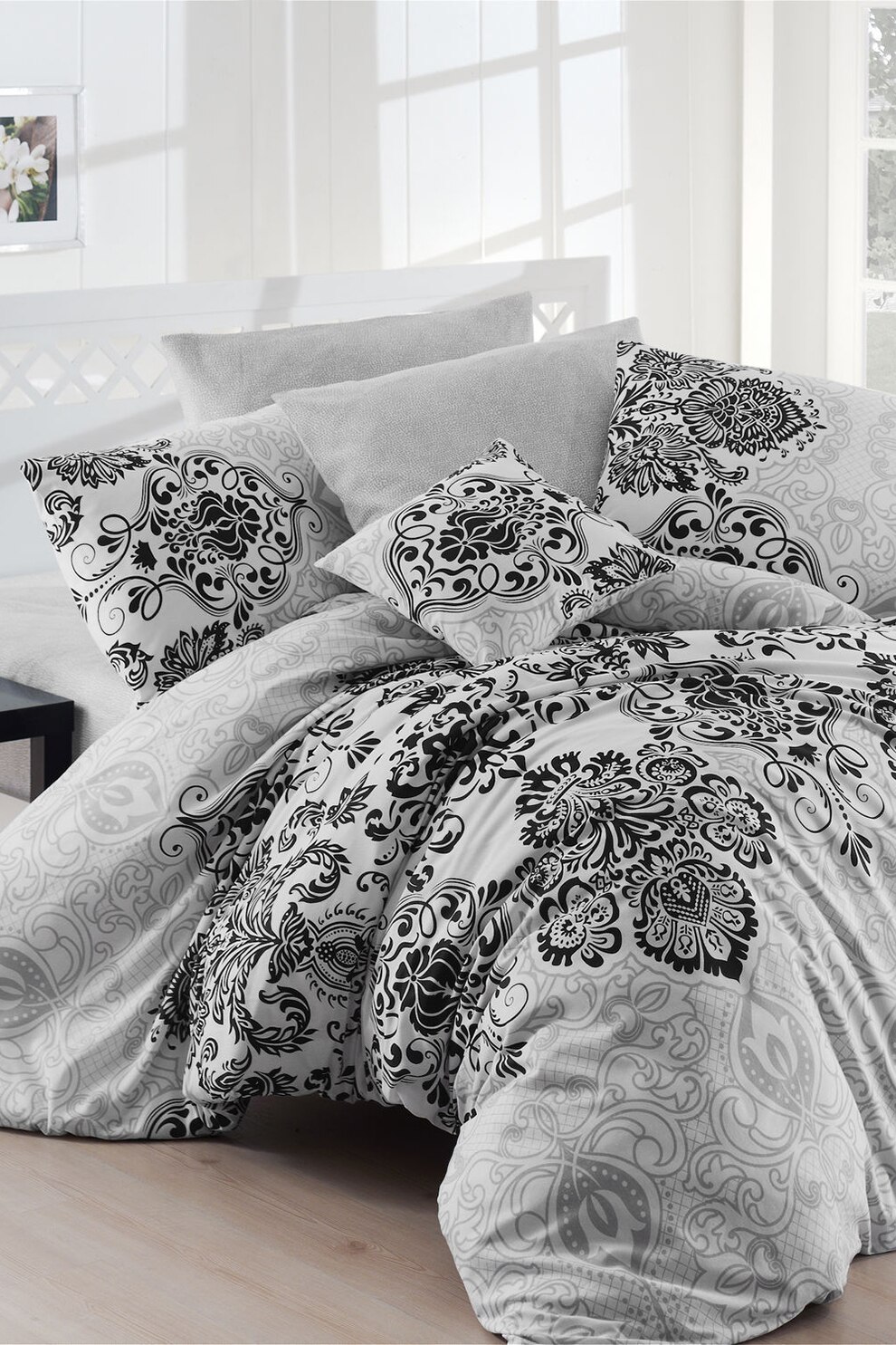 Nazenin Home, Lenjerie de pat cu imprimeu Luxury, Alb/Negru, 200x220/2P/50x70 Standard