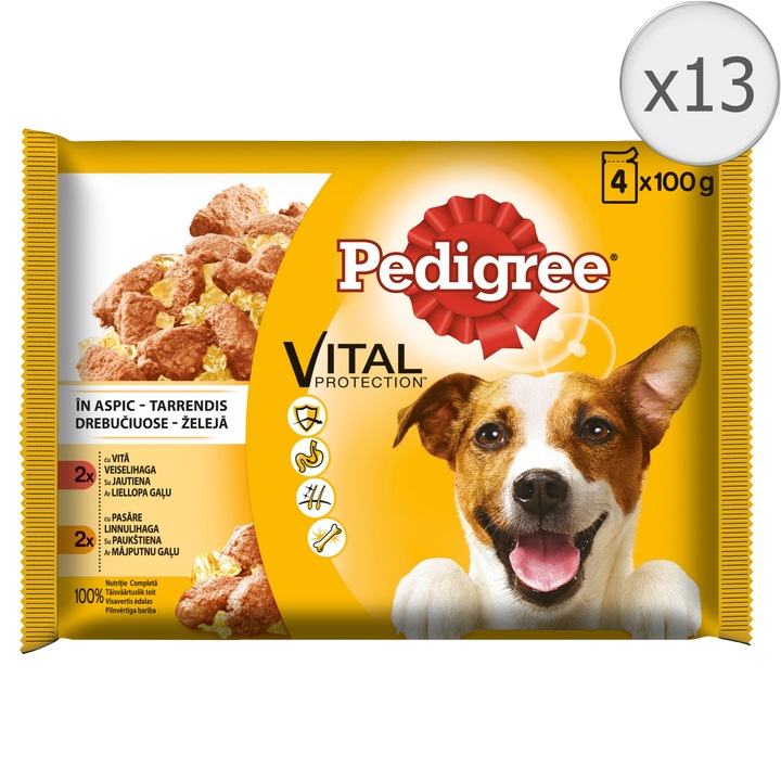 Мокра храна за кучета Pedigree, Говеждо&Птиче месо, 13 броя x 4X100 гр