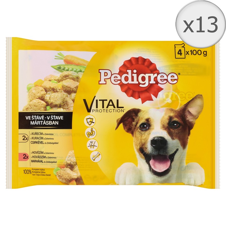Мокра храна за кучета Pedigree Adult, Пилешко Говеждо и Зеленчуци, 13 броя x 4X100 гр