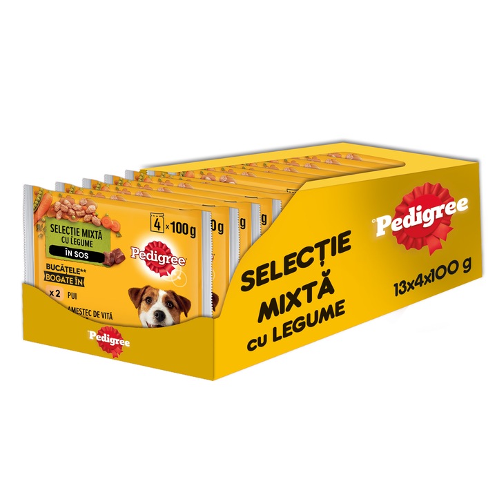 Hrana umeda pentru caini Pedigree, Adult Pui Vita si Legume, 13x4X100g
