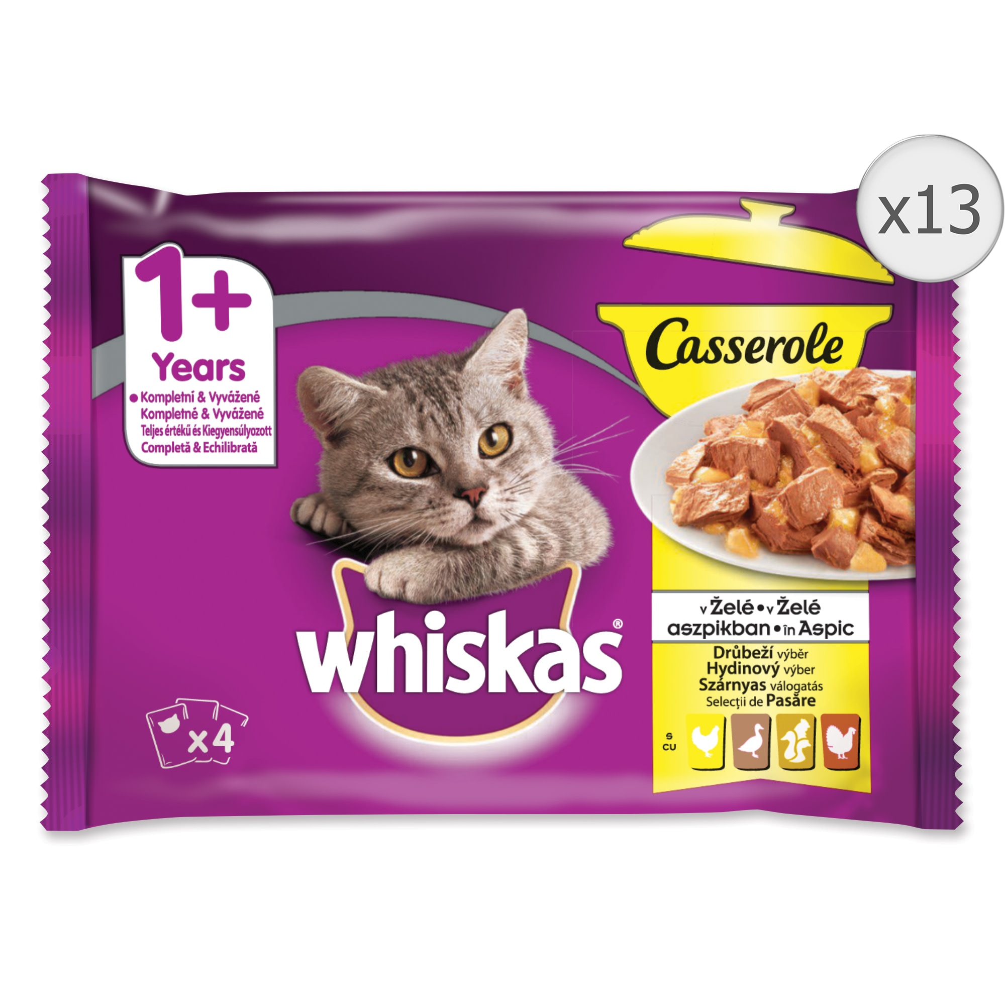 Hrana umeda pentru pisici Whiskas Casserole, Pui, Rata, Pasare, Curcan, 13x4x85g