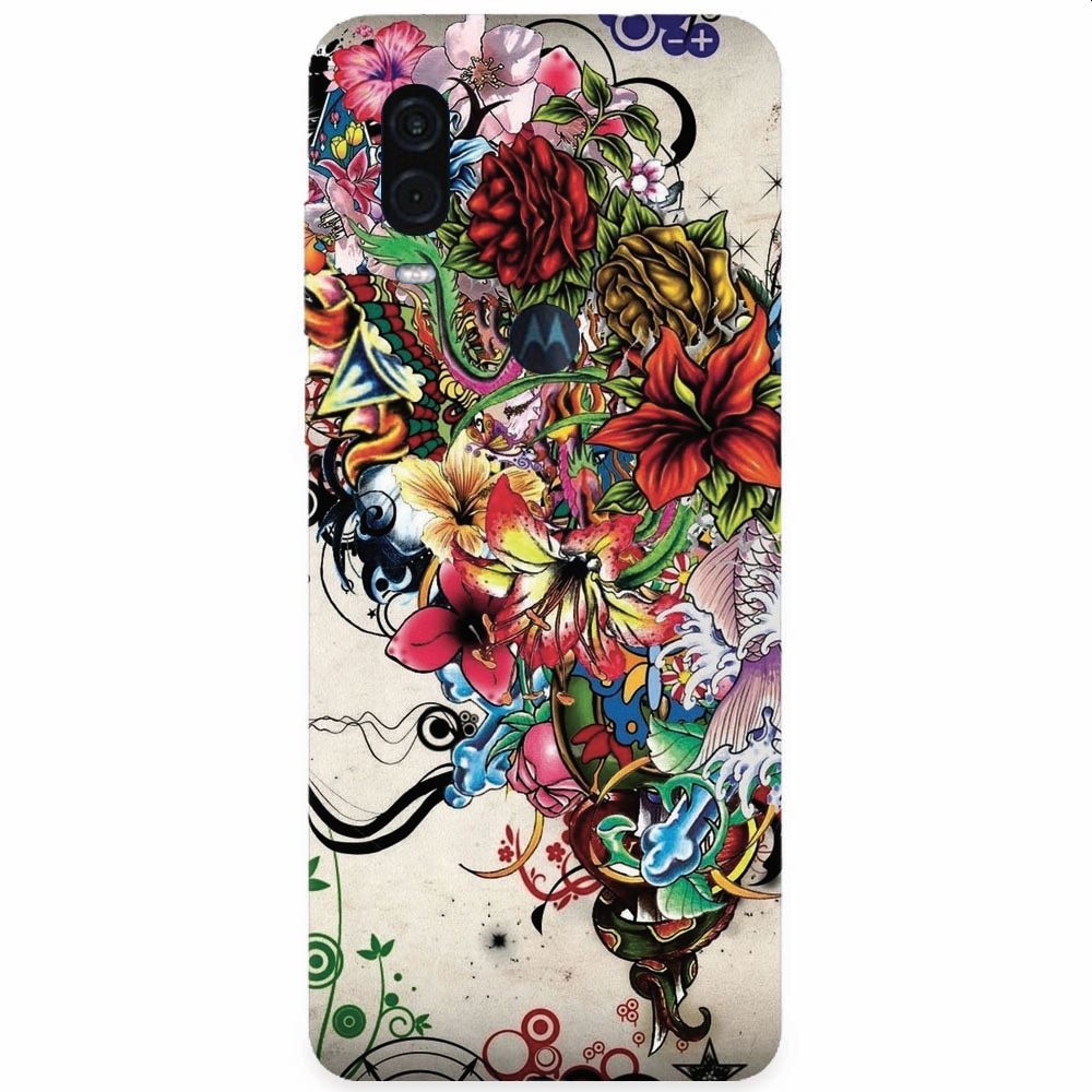 Husa silicon pentru Motorola One Vision, Abstract Flowers Tattoo Illustration
