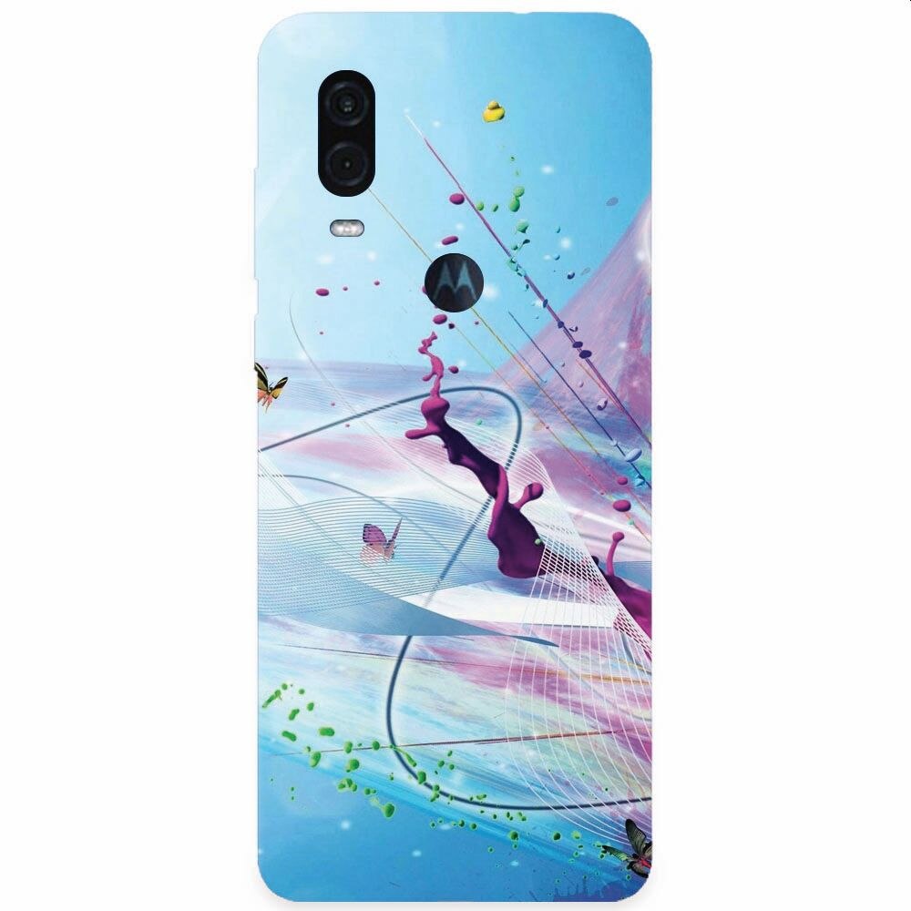 Husa silicon pentru Motorola One Vision, Artistic Paint Splash Purple Butterflies