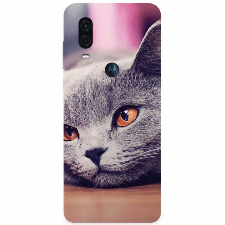 Силиконов калъф за Motorola One Vision, Британска късокосместа котка Yellow Eyes Portrait