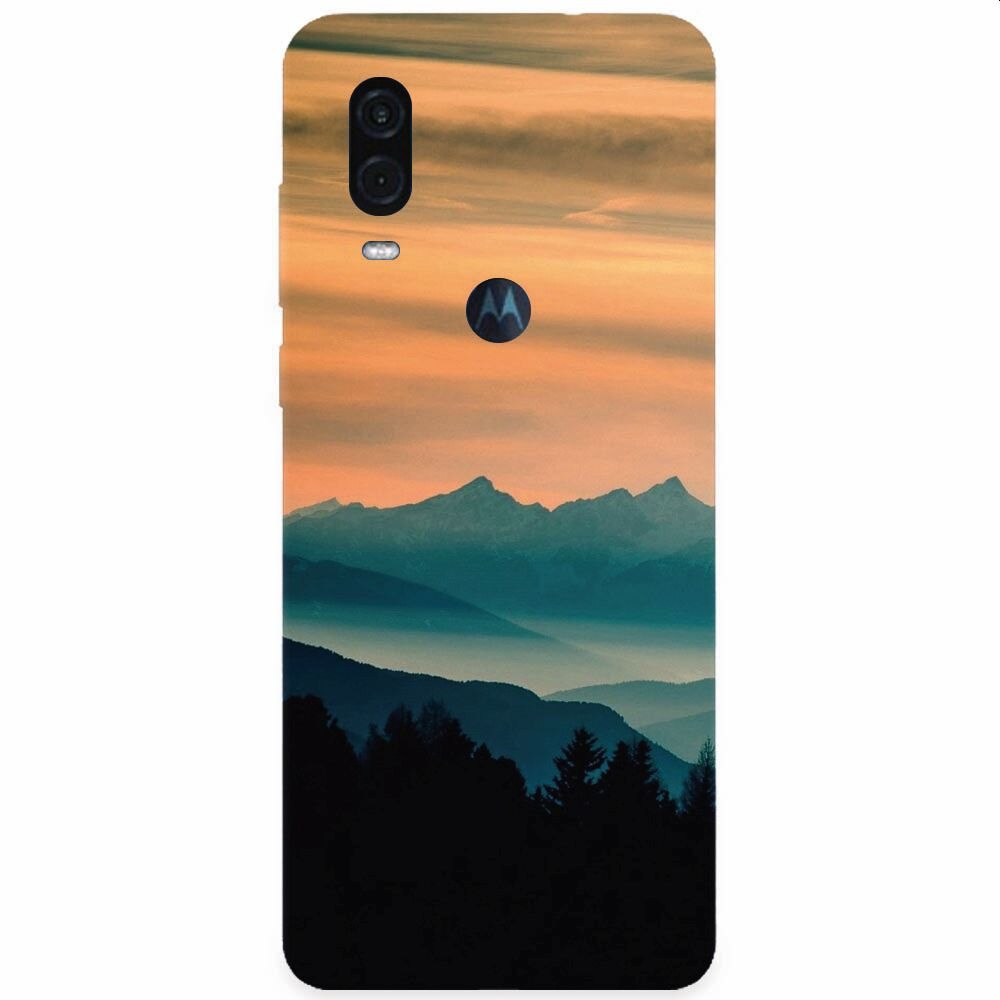 Husa silicon pentru Motorola One Vision, Blue Mountains Orange Clouds Sunset Landscape