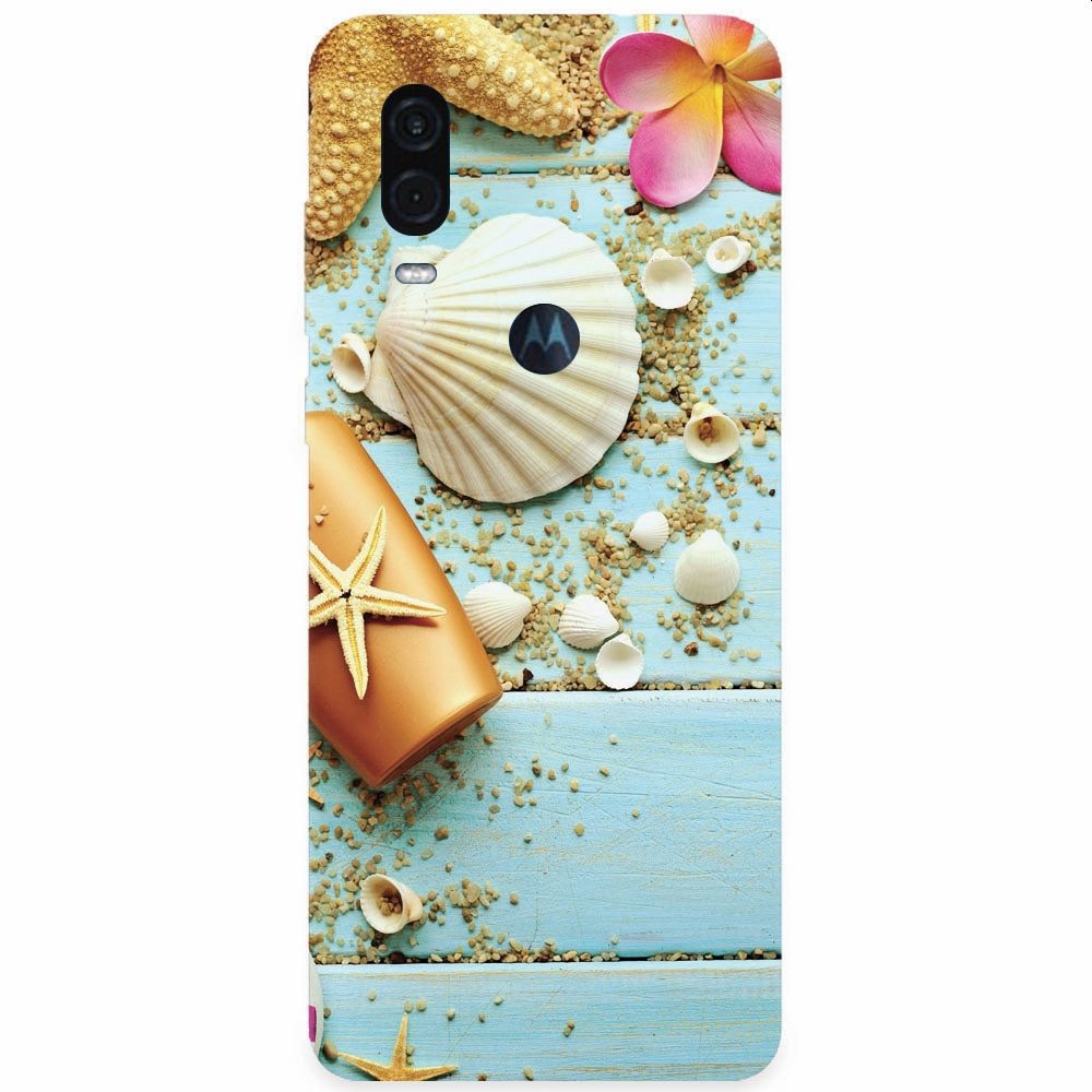 Husa silicon pentru Motorola One Vision, Blue Wood Seashells Sea Star