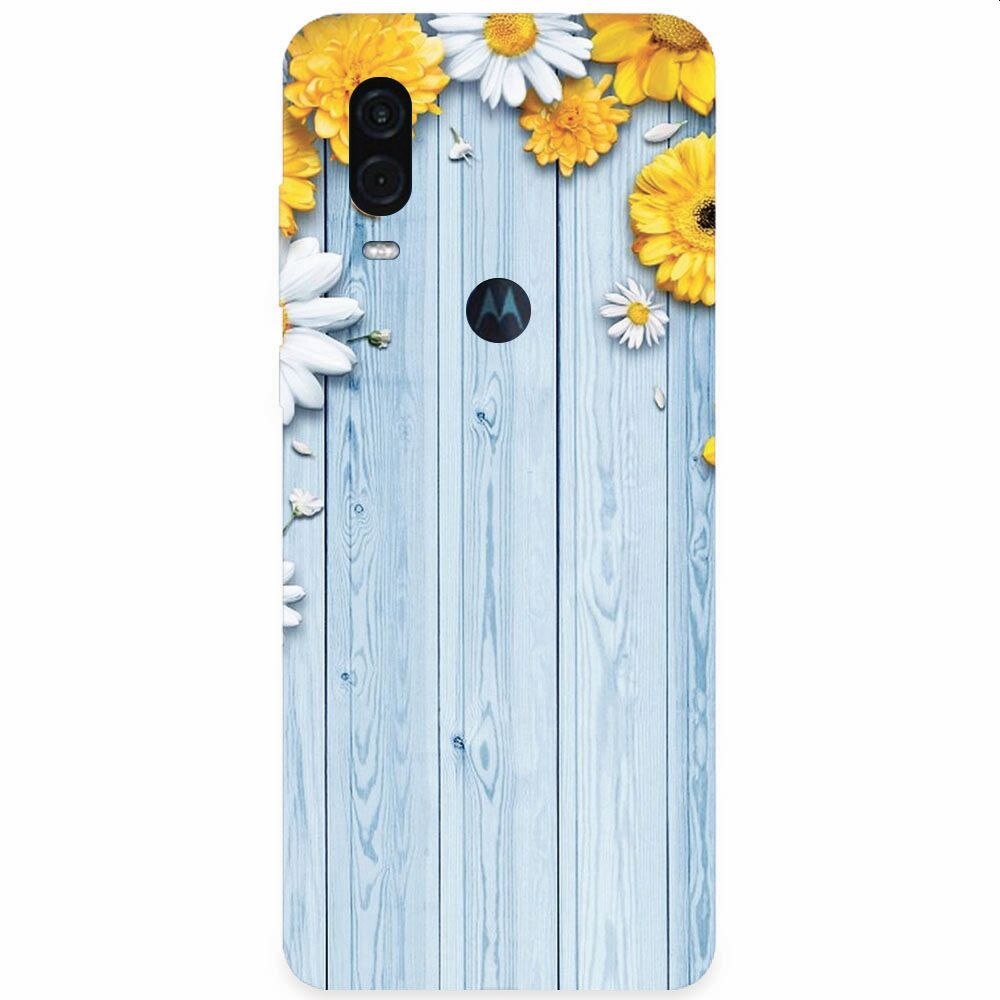 Husa silicon pentru Motorola One Vision, Sunflower On Blue Wood