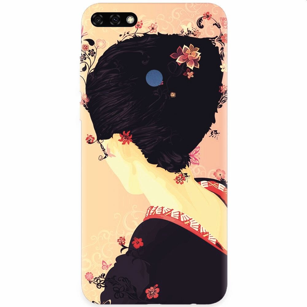 Husa silicon pentru Honor 7C, Japanese Geisha Illustration Cherry Blossom