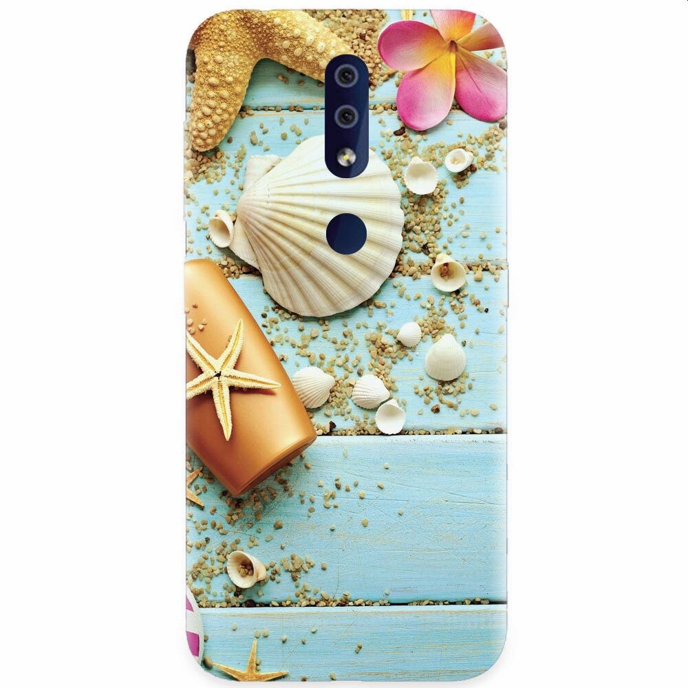 Husa silicon pentru Nokia 4.2, Blue Wood Seashells Sea Star