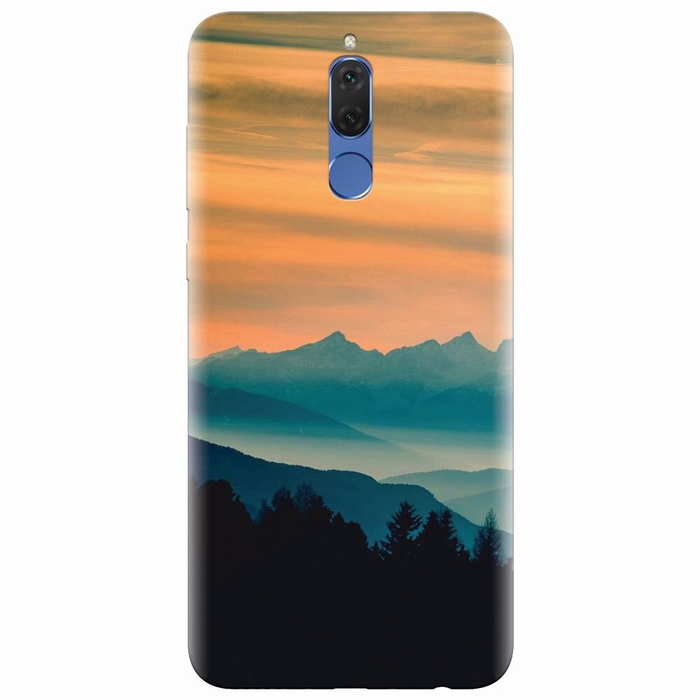 Husa silicon pentru Huawei Mate 10 Lite, Blue Mountains Orange Clouds Sunset Landscape