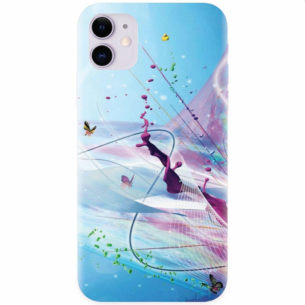 Husa silicon pentru Apple Iphone 11, Artistic Paint Splash Purple Butterflies