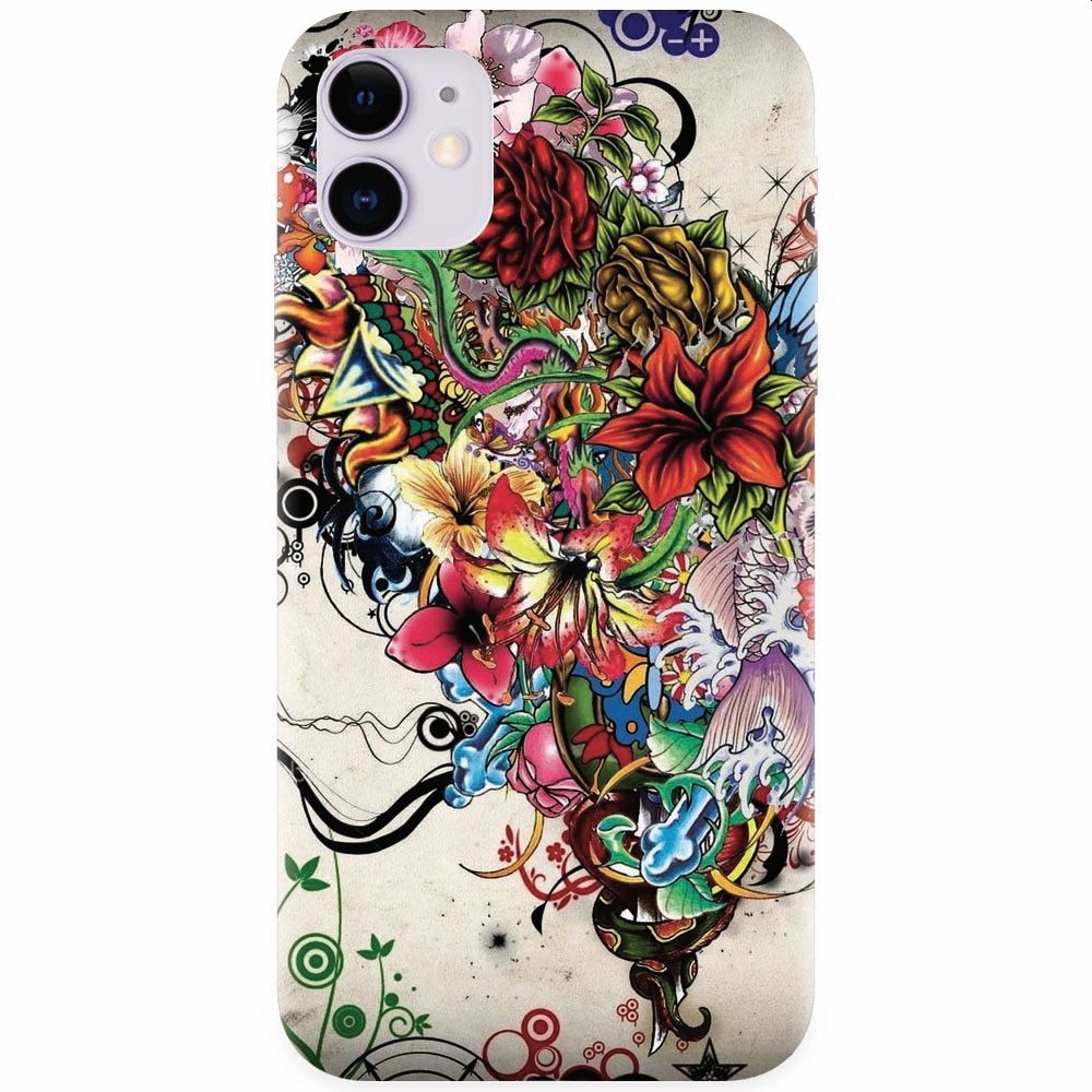 Husa silicon pentru Apple Iphone 11, Abstract Flowers Tattoo Illustration