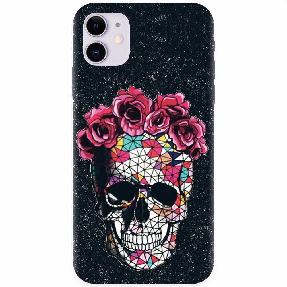 Husa silicon pentru Apple Iphone 11, Colorful Skull Roses Space
