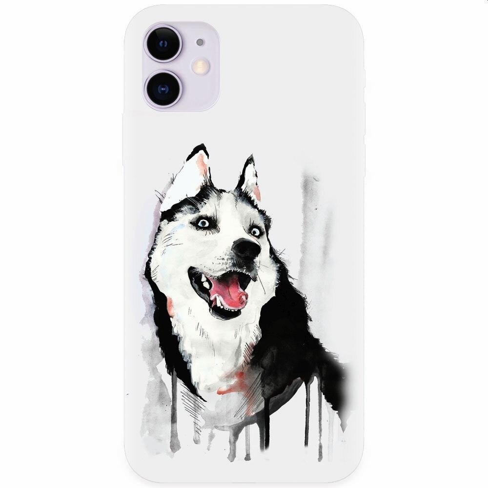 Husa silicon pentru Apple Iphone 11, Husky Dog Watercolor Illustration