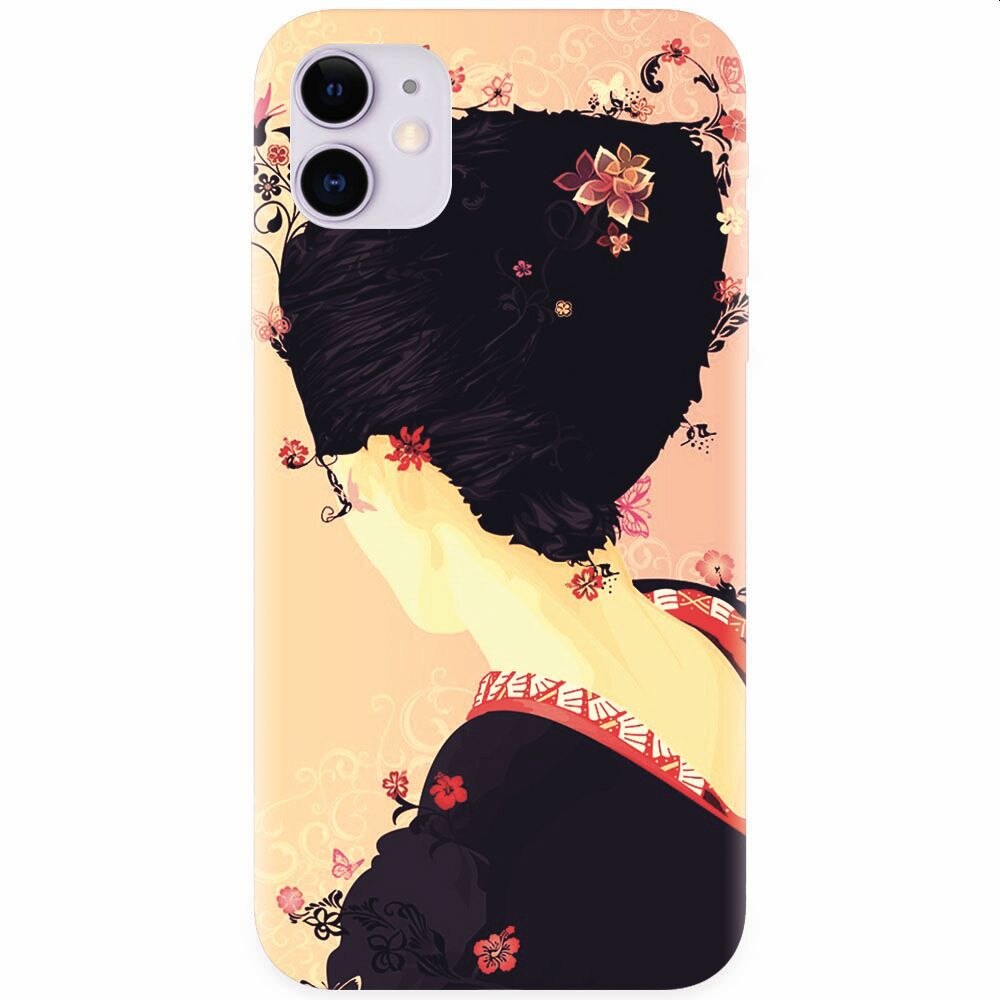 Husa silicon pentru Apple Iphone 11, Japanese Geisha Illustration Cherry Blossom