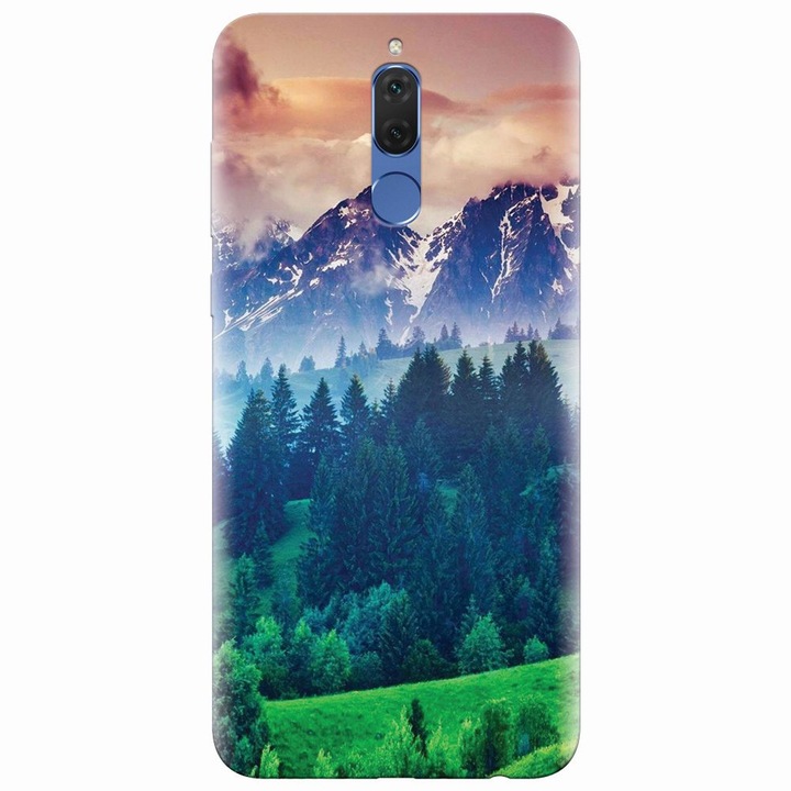 Husa din silicon compatibila cu Huawei Mate 10 Lite, Forest Hills Snowy Mountains And Sunset Clouds