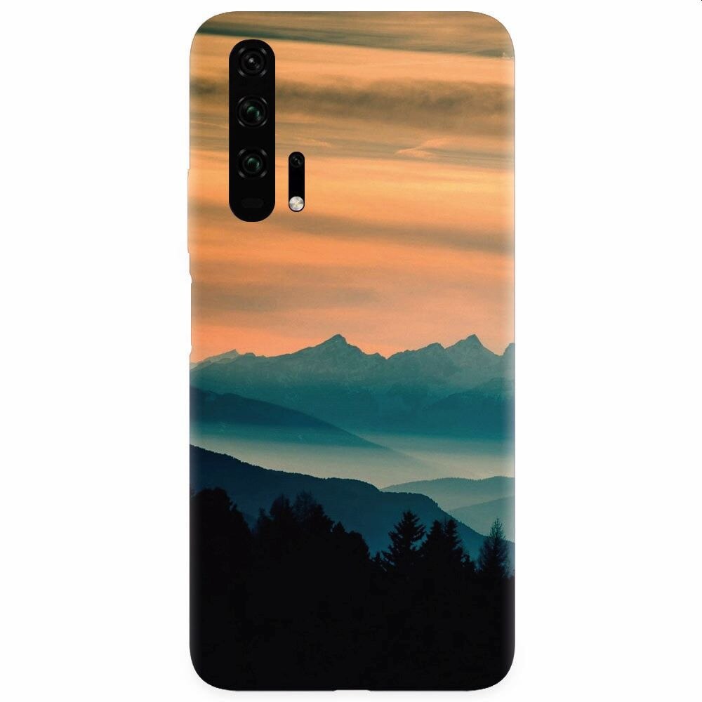 Husa silicon pentru Honor 20 Pro, Blue Mountains Orange Clouds Sunset Landscape