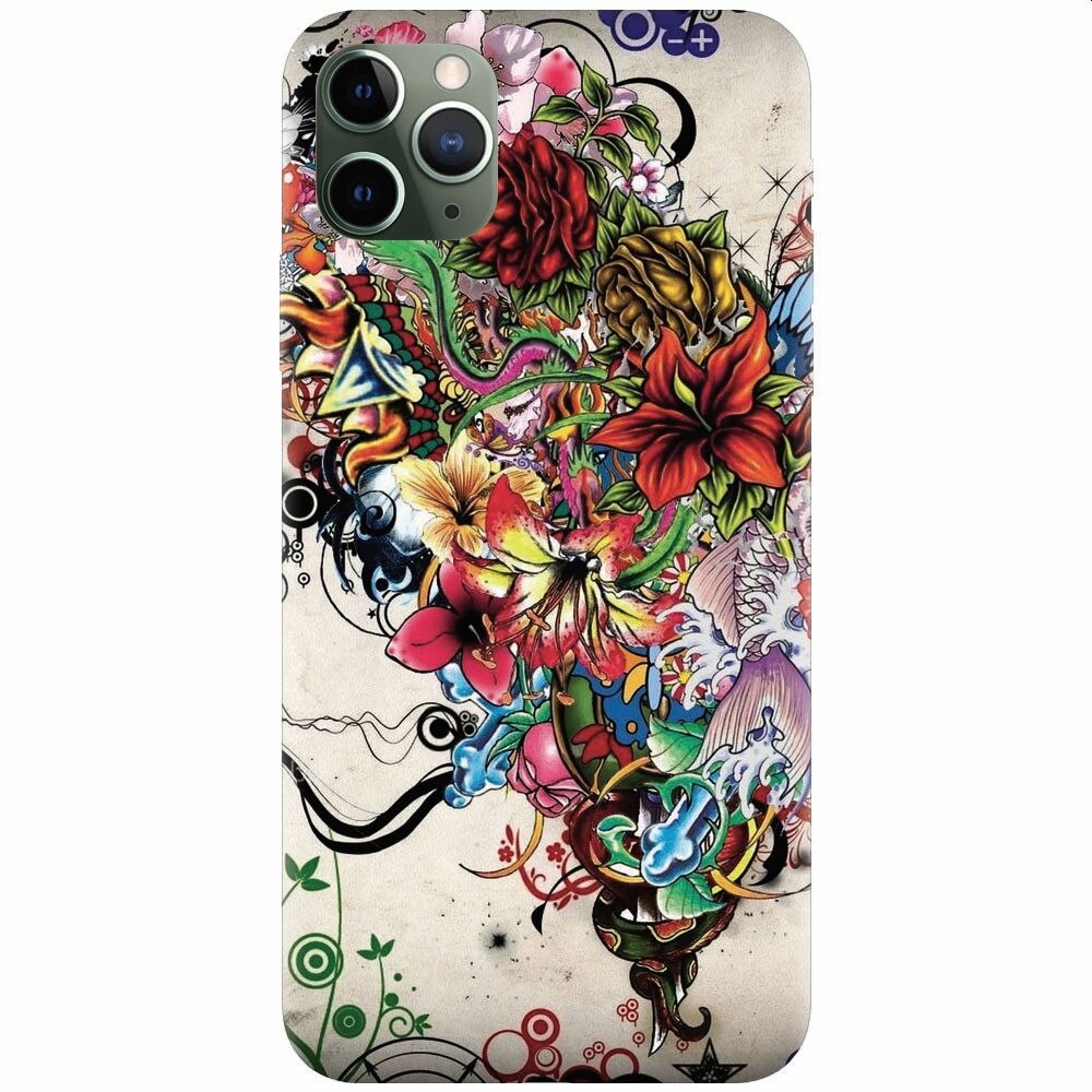Husa silicon pentru Apple Iphone 11 Pro Max, Abstract Flowers Tattoo Illustration