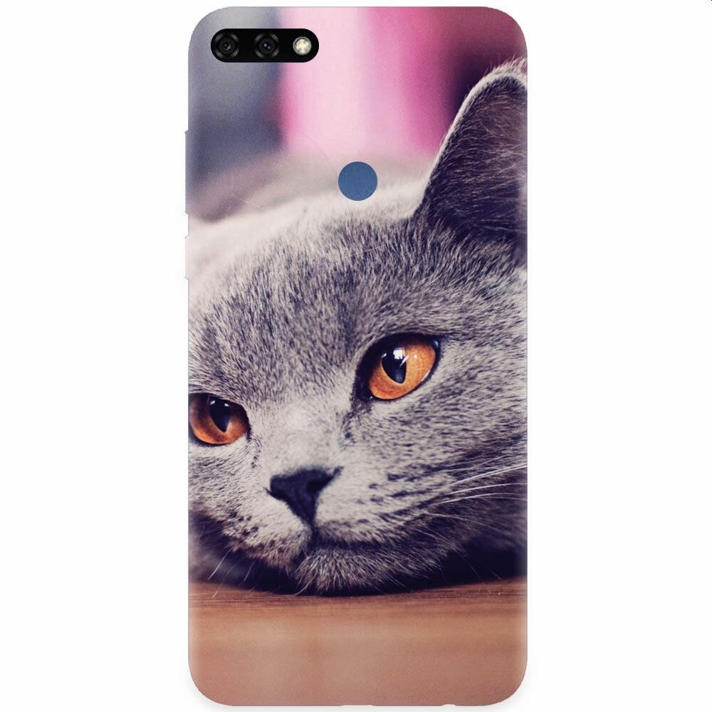 Husa silicon pentru Honor 7C, British Shorthair Cat Yellow Eyes Portrait