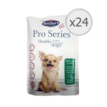 Hrana umeda pentru caini Butcher's Pro Series Grain Free, Talie Mica, Miel si Mazare, 24 buc x 100g Hrana umeda pentru caini Butcher's Pro Series Grain Free, Talie Mica, Miel si Mazare, 24 buc x 100g